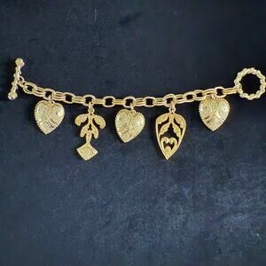 Vintage Charm Bracelet ~6.75″ Toggle Length Hearts Leaves Chunky Bold